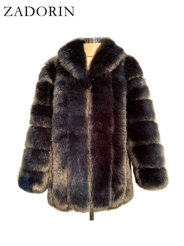 ZADORIN Elegant Turn Down Collar Faux Fox Fur Coat Women Long