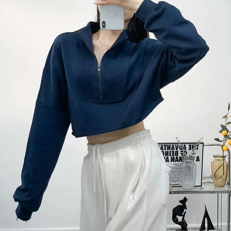 Sun-imperial Oversized Half Zip Cropped Sweatshirt Drop Shoulder With Raw Hem Detail