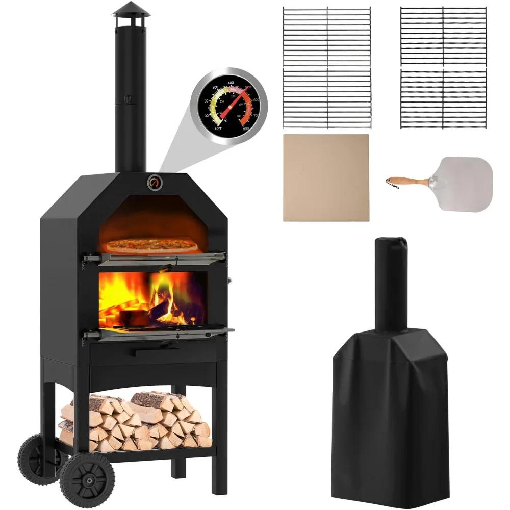 UDPATIO Outdoor Pizza Oven Wood Fired, Wood Pizza Ovens for Outside with Waterproof Cover, Pizza Stone, Peel, 2 Layer Steel