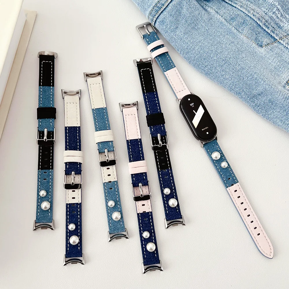 데님 캔버스 및 가죽 스트랩, 미 밴드 8 7 6 5 시계 벨트, 미 밴드 팔찌 청바지 비즈