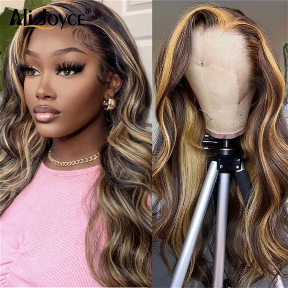 

Honey Blonde Ombre Highlight Wig Brazilian Body Wave Wigs For Black Women Preplucked 13x4 Body Wave Lace Frontal Human Hair Wigs