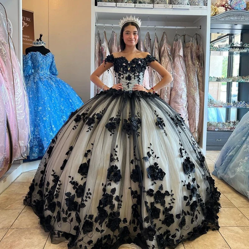 

Black Ball Gown Quinceanera Dresses 3D Flowers Beads Lace Applique Sweet 15 16 Dress Party Wear Xv Años