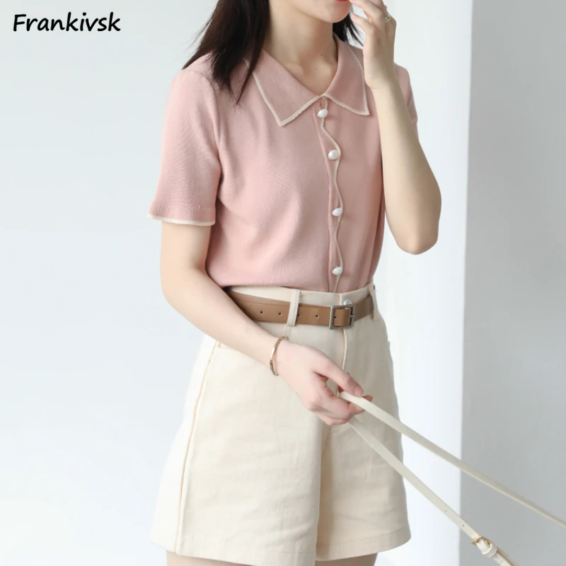 

Women Shirts Comfortable New-arrival Skin-friendly Summer Single Breasted Turn-down Office Lady Panelled Chic Korean Style Sweet