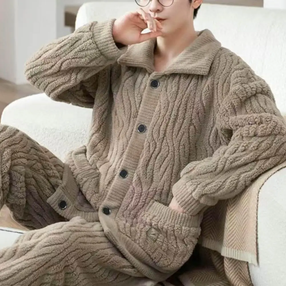 

Warm Pajamas Set Cozy Winter Homewear Plush Lapel Pajama Set with Elastic Waist Water Wave Texture Warm Pockets for Men Men