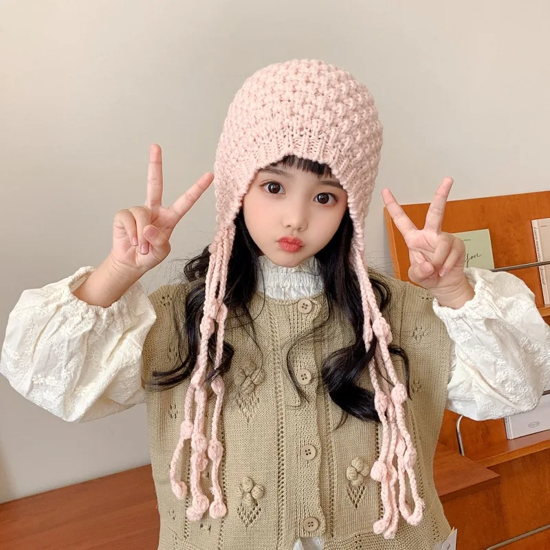 Tassel ladylike style ins children's woolen hats, trendy autumn and winter handmade girls' baby knitted ear protection hats