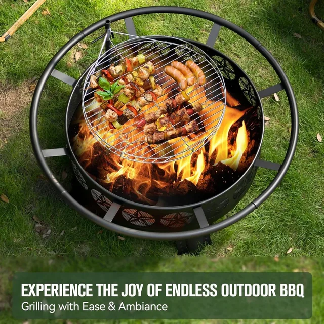 Outdoor 38 Wood Burning Fire Pit with Grill, Spark Screen, and Fire Poker, Swivel C Table for Backyard Entertainment 4