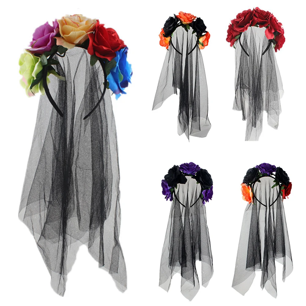 

Halloween Veil Headband For Women Vintage Black Long Net Yarn Mesh Hair Hoop Rose Flowers Party Cosplay Hair Accessories