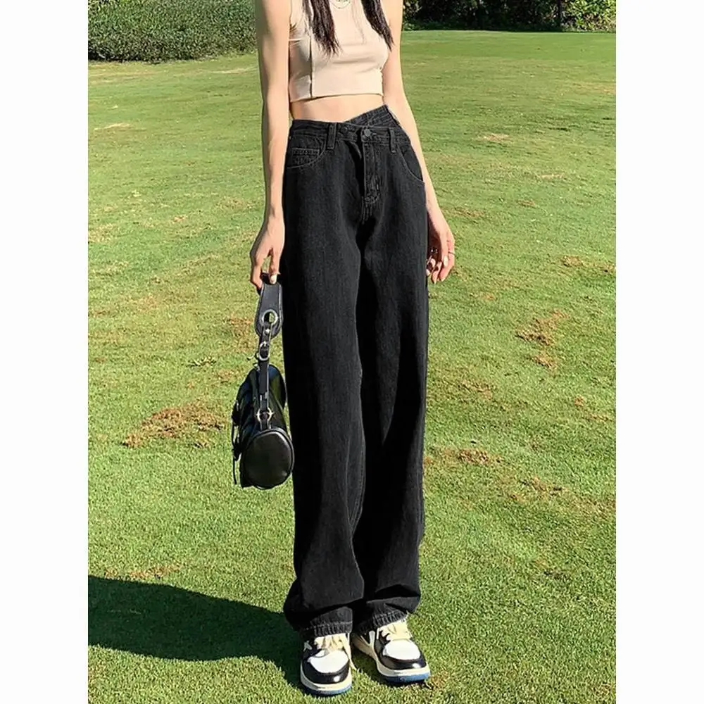

2023 Autumn Winter Korea Fashion Streetwear Women Warm Jeans Casual Versatile High Waist Wide Leg Straight Denim Pants H458