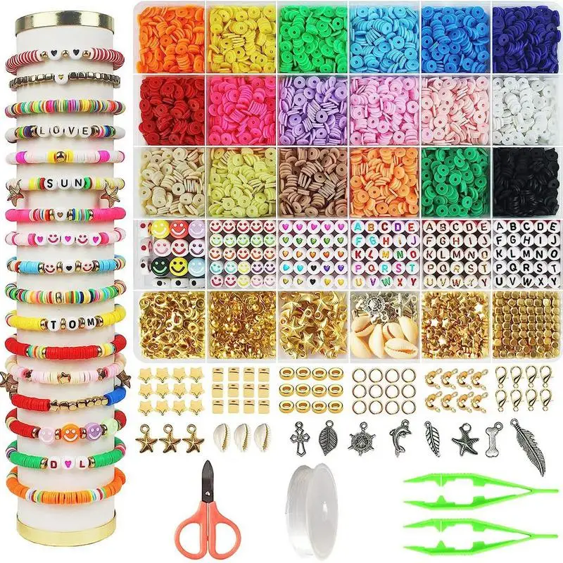 

Clay Beads 24 Colors Bracelet Making Flat Beads for Friendship Jewelry Making Polymer Beads with Charm Gifts for Teen Girls