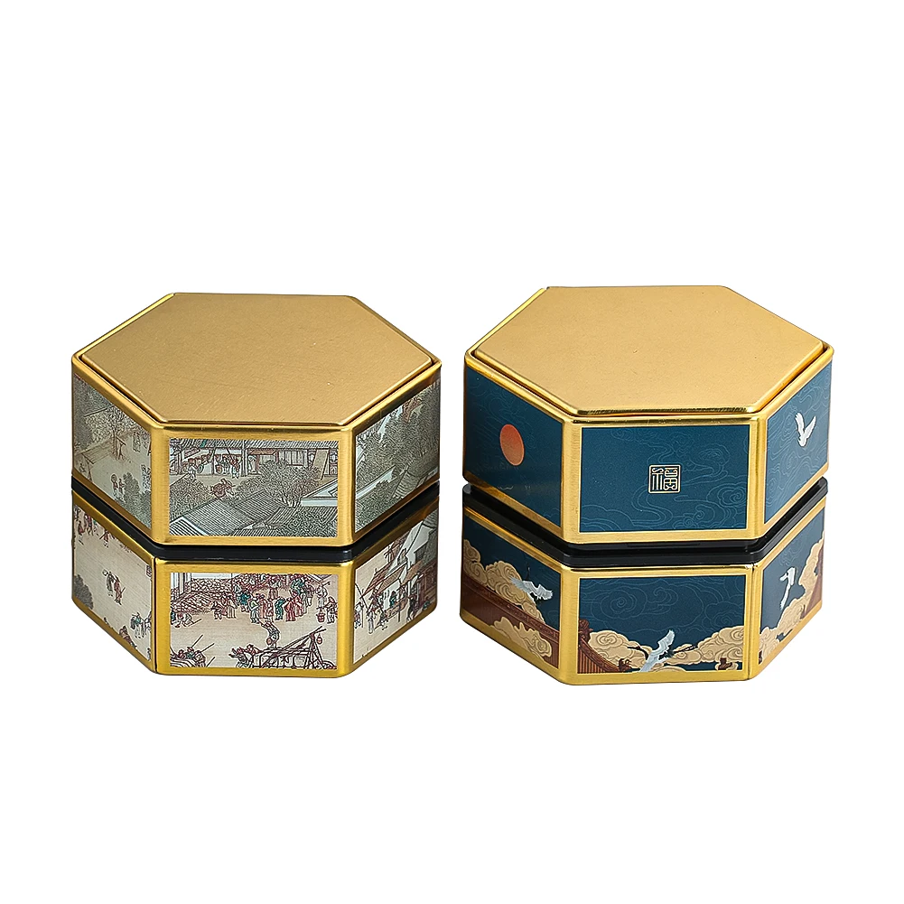 9cm Chinoiserie Auspicious Clouds Sun Crane Thickened Tinplate Metal Tea Cans Hexagon Hermetic Moistureproof Tea Storage Caddies