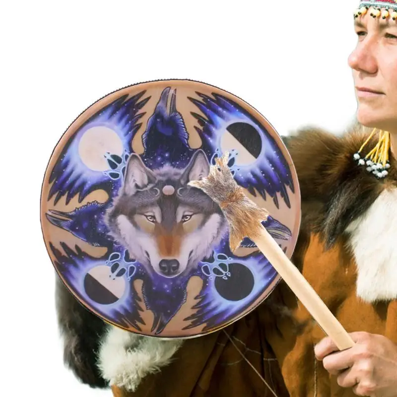 9Inch Handmade Shaman Hand Drums Wolf Head Design Instrumental Authentic Siberian for Spirit