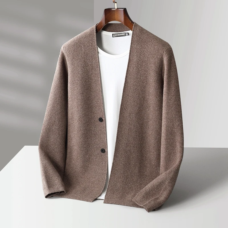 New Cashmere Jacket Men V-Neck Knit Cardigan Spring Autumn Casual Loose Top Youth Pure Wool Sweater Warm High Quality Men Coat