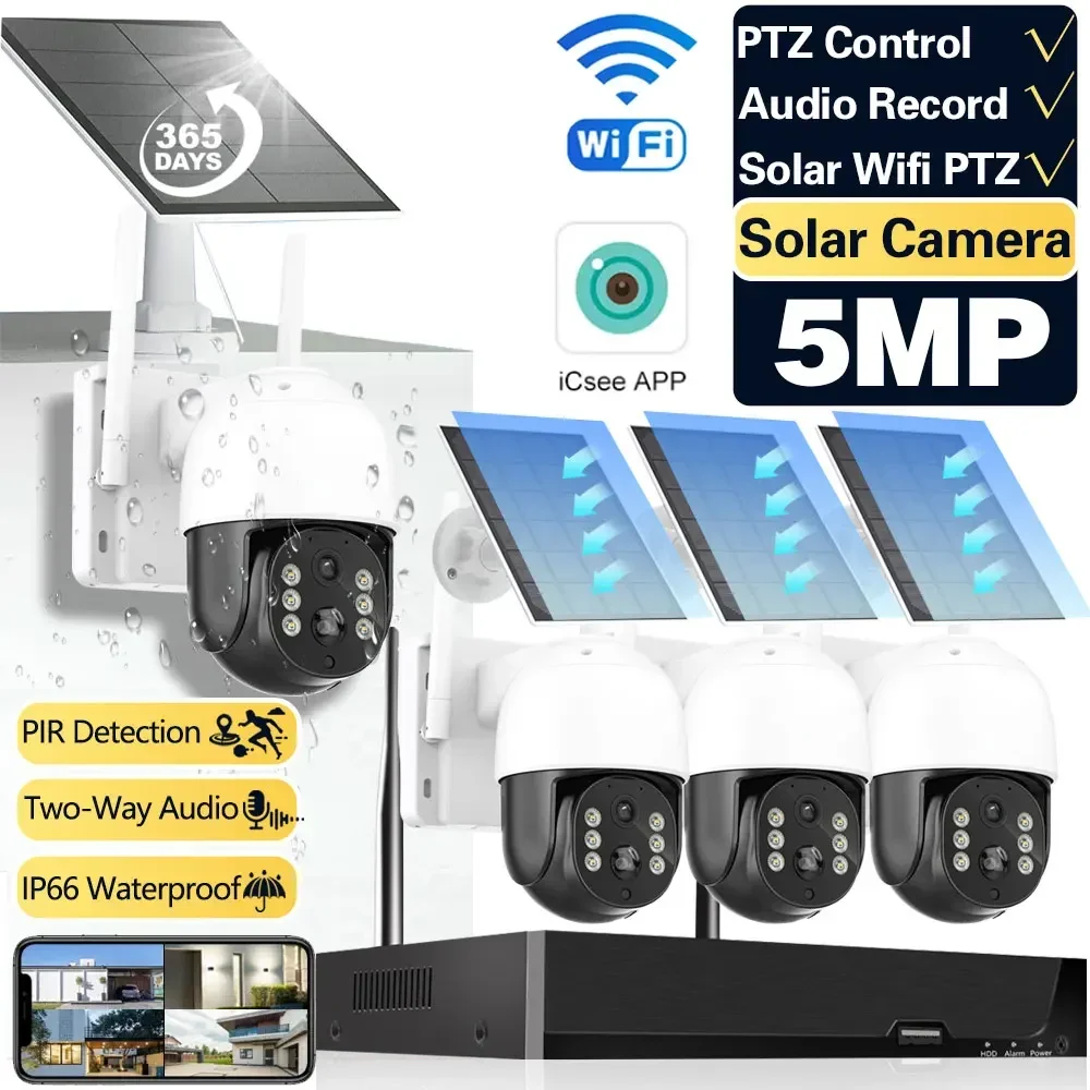 

Outdoor Wifi Solar PTZ Security Camera System 5MP 4CH NVR Kit 2 Way Audio Wireless CCTV IP Camera Video Surveillance Kit 3MP 8CH