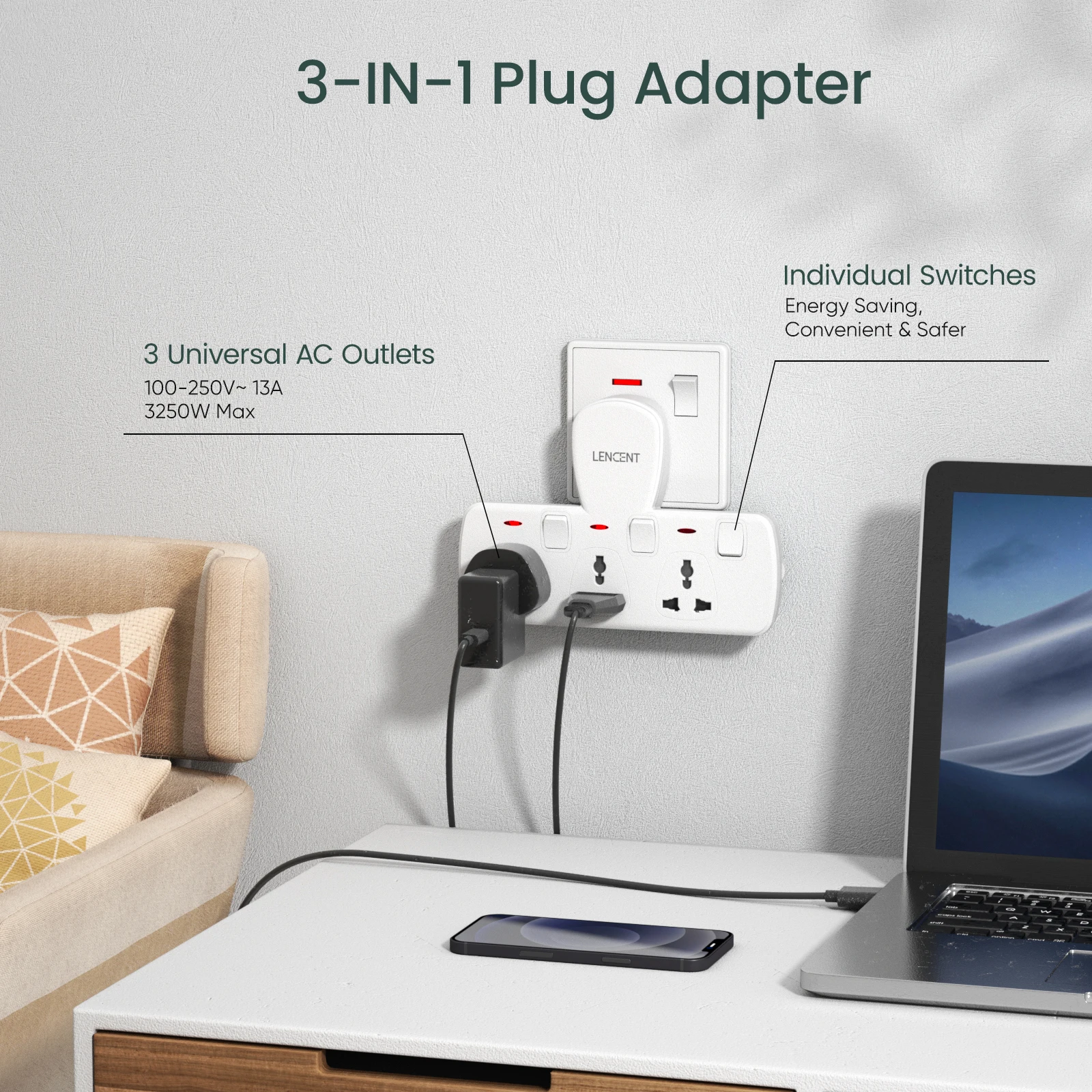 Power Strip Electrical Socket Extension Socket 3 Universal AC Outlets 13A 3250W with Switch for Home Office