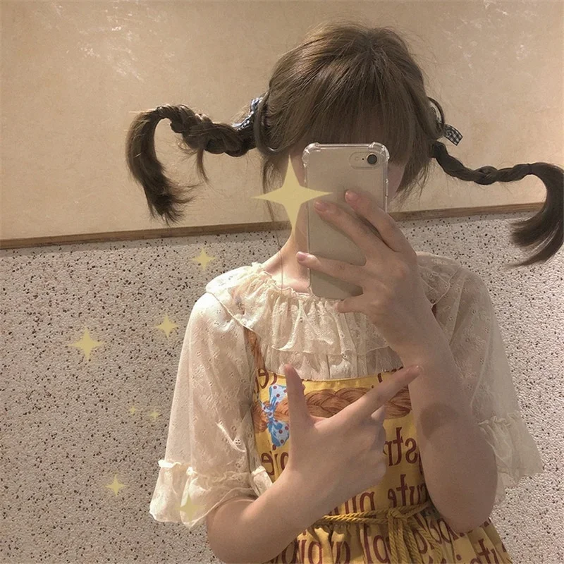 

Милая рубашка принцессы в японском стиле Лолиты, женский укороченный топ с оборками на воротнике и цветочным кружевом, Милая Черная розовая ажурная сетчатая блузка