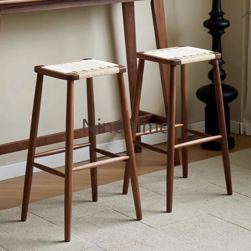 

High Vintage Luxury Bar Chair Counter Modern Rustic Wood Designer Bar Chair Kitchen Rattan Taburetes Altos Cocina Home Furniture