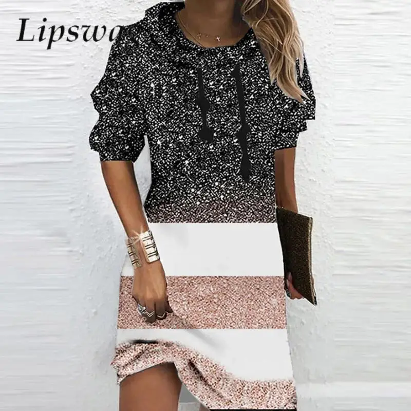 

Glitter Patchwork Color Striped Sweatshirt Dress Casual Women Loose Hooded Pullover Dress Autumn Female Long Sleeve Mini Dresses