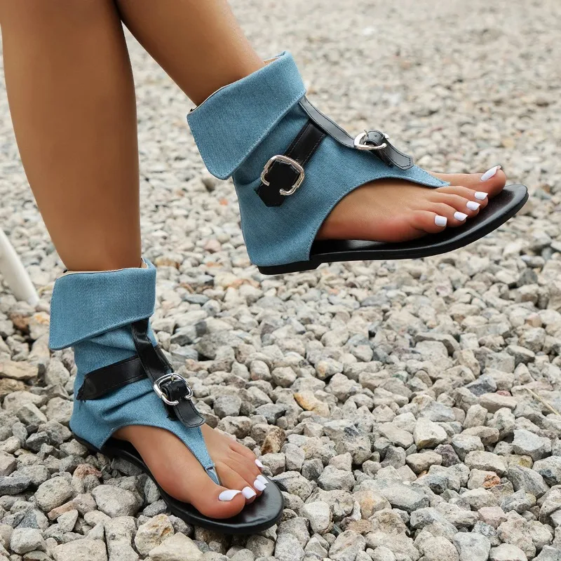 luxury design Women Sandals Denim Belt Buckle Large Size Flat Boot New Summer Clip Toe Roman Sandals Casual Elegant Ladies Shoes