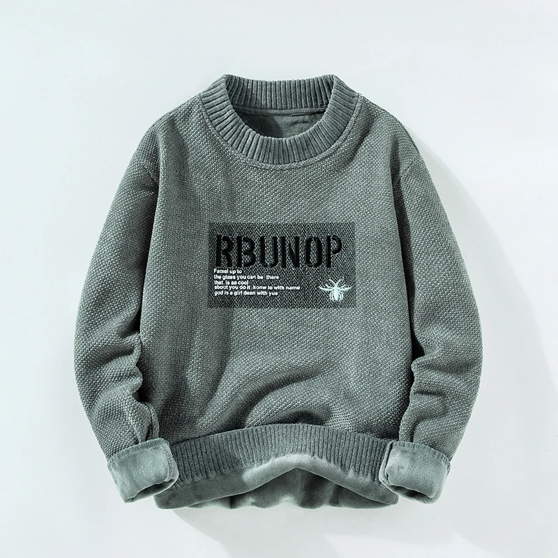 Men's Round Neck Solid Color Thick Sweater Autumn and Winter New Fashion Handsome Printed Letter Long Sleeved Loose Knitted Tops