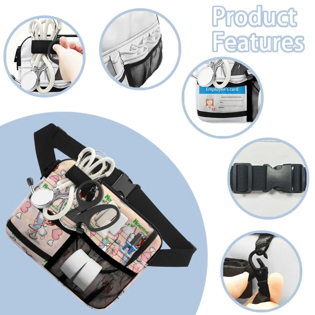 Hospital Nurse Cartoon Printing Adjustable Strap Belt Bag Fanny Pack Portable Multi-Pocket Medical Storage Bag for Physician New