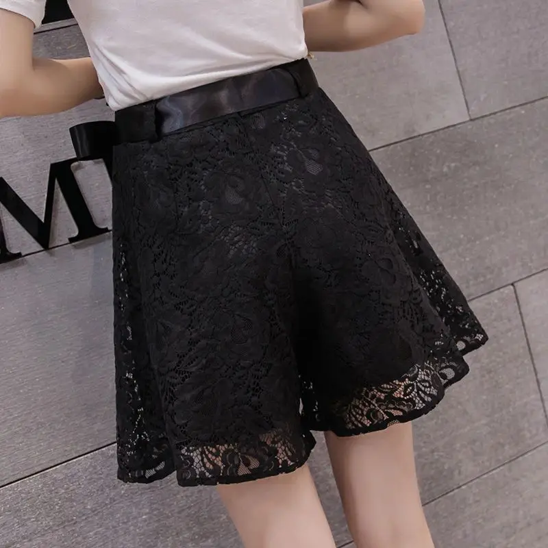 Fashion Zipper Bandage Bow Hollow Out Lace Shorts Women's Clothing 2024 Summer New Loose Sweet Solid Color High Waist Shorts