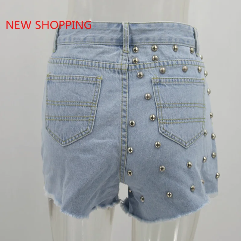 Fashion 2021 Women's Washed Denim Rivets Shorts Classic Vintage High Waist Female Casual Summer Ladies Shorts Jeans for Women