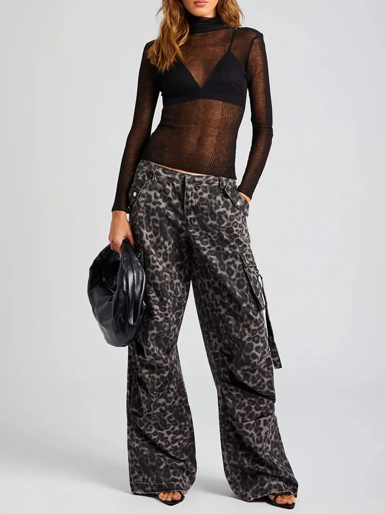 TWOTWINSTYLE Hit Color Leopard Trousers For Women High Waist Patchwork More Than A Pocket Streetwear Cargo Jeans Female Fashion