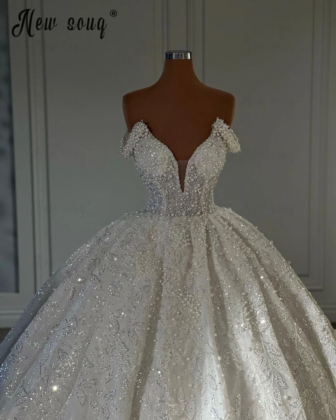 

Newest Ball Gown Women Wedding Dress Full Pearls Off Shoulder Bridal Gowns Dubai Custom Made Lace Appliqued Vestido De Casamento