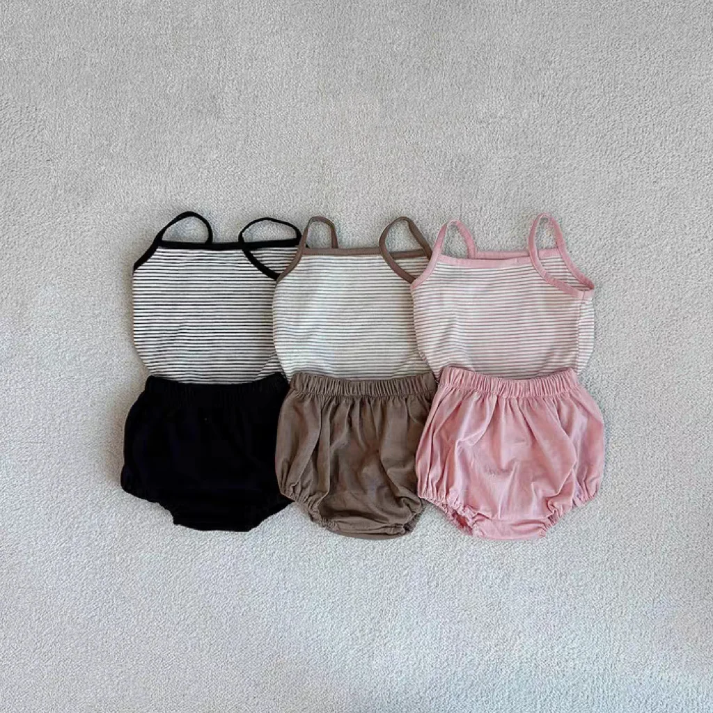 Description Picture 3 of item2025 Summer New Baby Sleeveless Clothes Set Infant Girl Striped Sling Vest + Shorts 2pcs Uit Thin Breathable Toddler Outfits