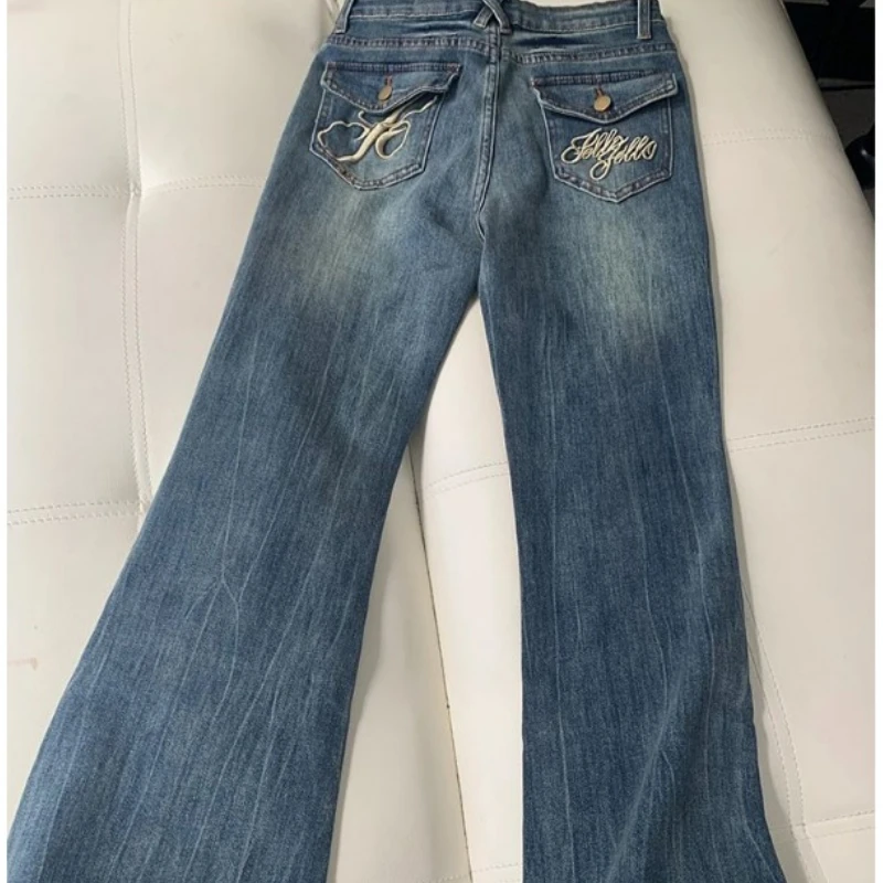 Women Denim Pants Wide-legged Pants Woman's Clothing Baggy Jeans Flare Prints Embroidery Pockets Designs Vintage High Waisted