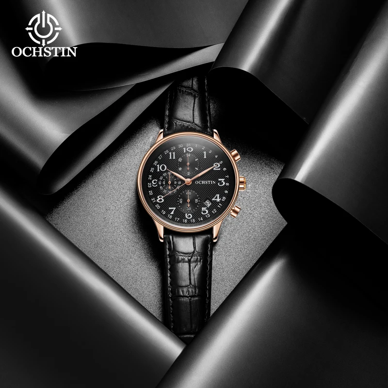OCHSTIN Male Quartz Watch Luxury Design Auto Date Analog Chronograph Wristwatch for Men Leather Band 3bar Waterproof Wrist Clock