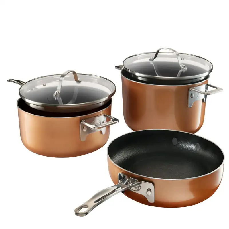 Stackable Non-stick 5 Piece Copper Cast Stackable Pots & Pans Set, Gold  cast iron cookware