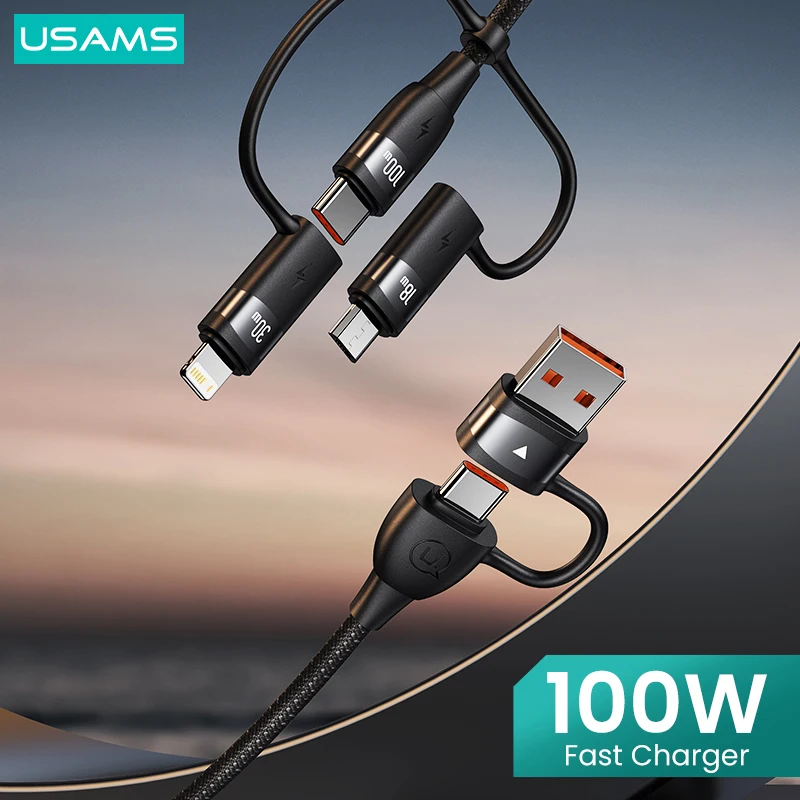 USAMS-USB Tipo C Cabo para iPhone, U85 Carregador, Huawei, Xiaomi, Samsung, Telefone, 14 Pro Max, 13, 12, PD, 100W, 6 em 1, 3 em 1