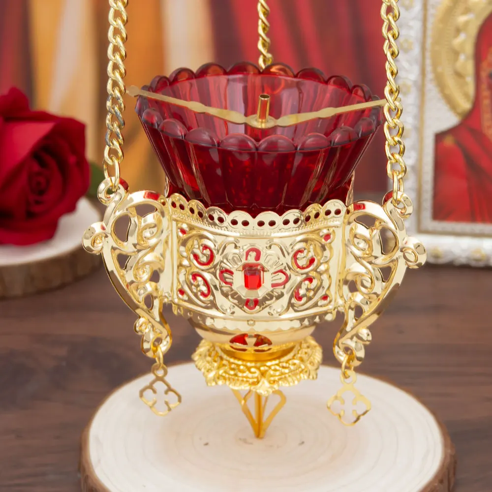 HTISOK Antike goldene Kirche Thurible Crimson Glasschale Vintage Ritual Artefakt Meditationsbrenner, Sammlerstück Altar Dekor – Detail 6