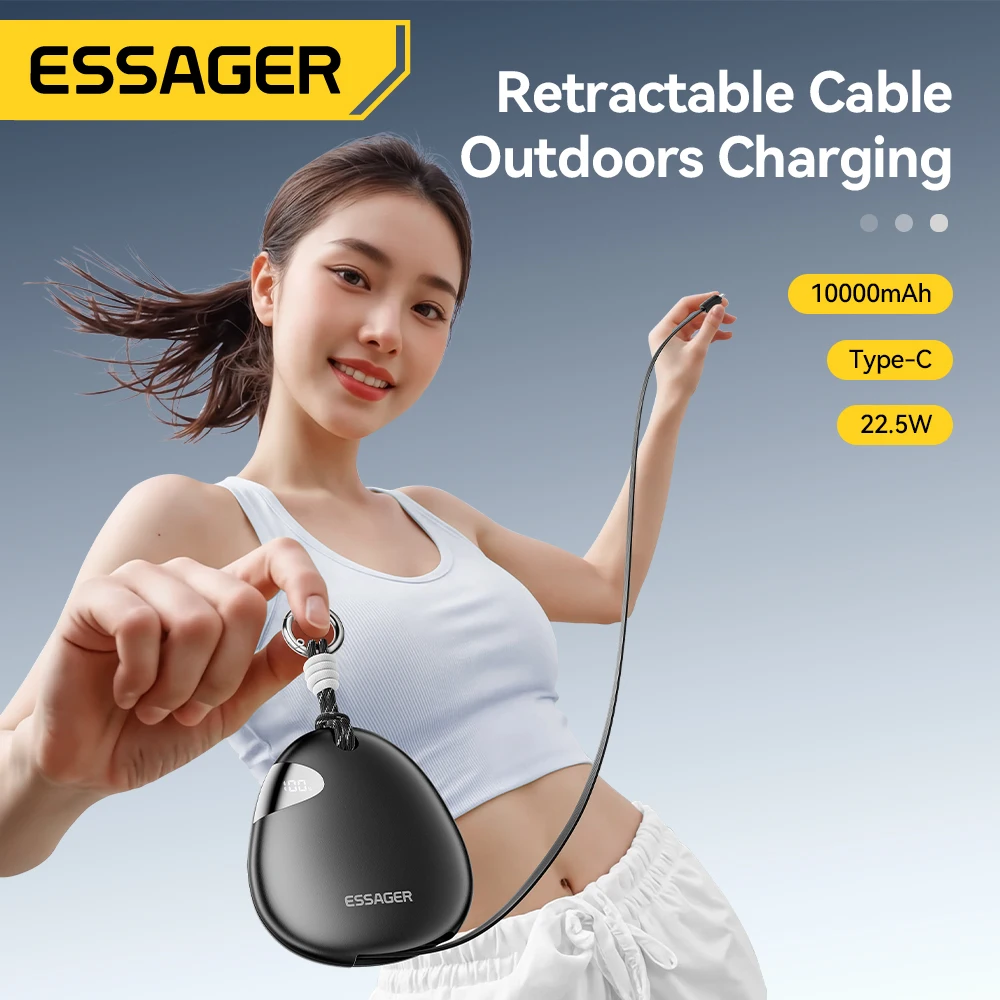 Essager 10000mAh Digital Display Power Bank with Retractable 22.5W Fast Charger Built in Lighting SOS for Outdoor iPhone Xiaomi