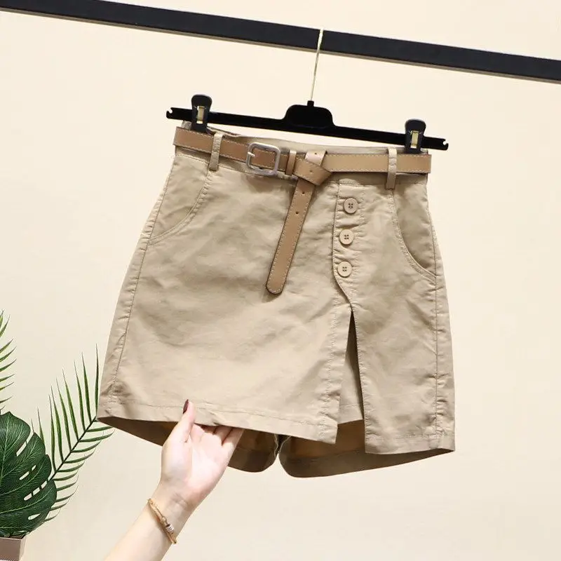 Women's Elastic Waist Solid Color Patchwork Button Pockets 2023 Summer New High Waist Casual Shorts Korean All-match Pant Skirts