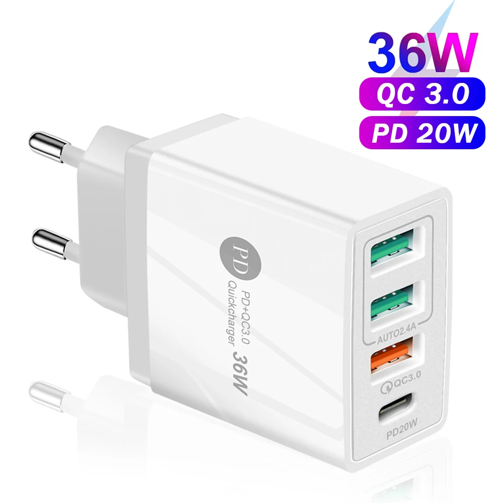 36W 4 Ports USB Charger PD 20W Quick Charge 3.0 Mobile Phone Fast Charging Adapter Travel Charger For iphone 12 Samsung Xiaomi quick charge 2.0