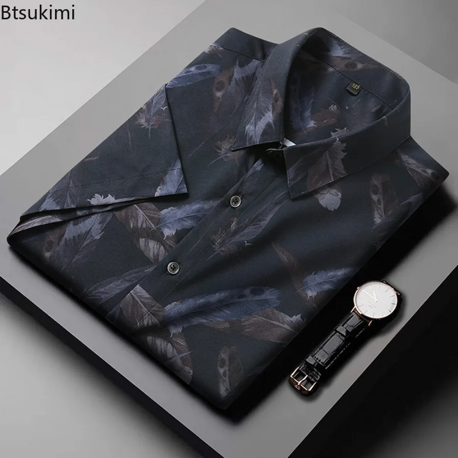 2024 Summer New Men's Floral Print Short Sleeve Shirts Fashion Hawaiian Style Casual Elasticity Shirts Tops Male Plus Size 10XL
