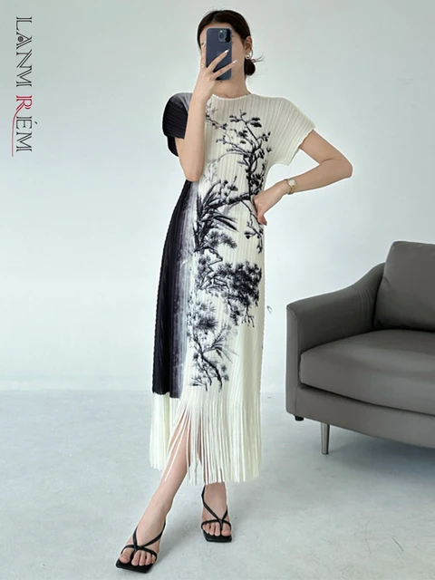LANMREM 2025 Summer Printting Pleasted Women's Dress Elastic Slim Short Sleeve Round Collar Tassel Spliced Dresses Chic 2DB3514