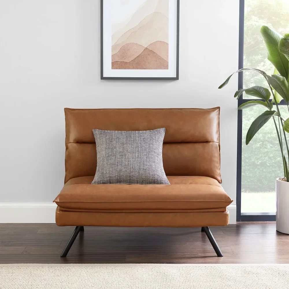 

Living Room Chair Pillow Top Convertible Chair Faux Leather Camel Color Bedroom Chair