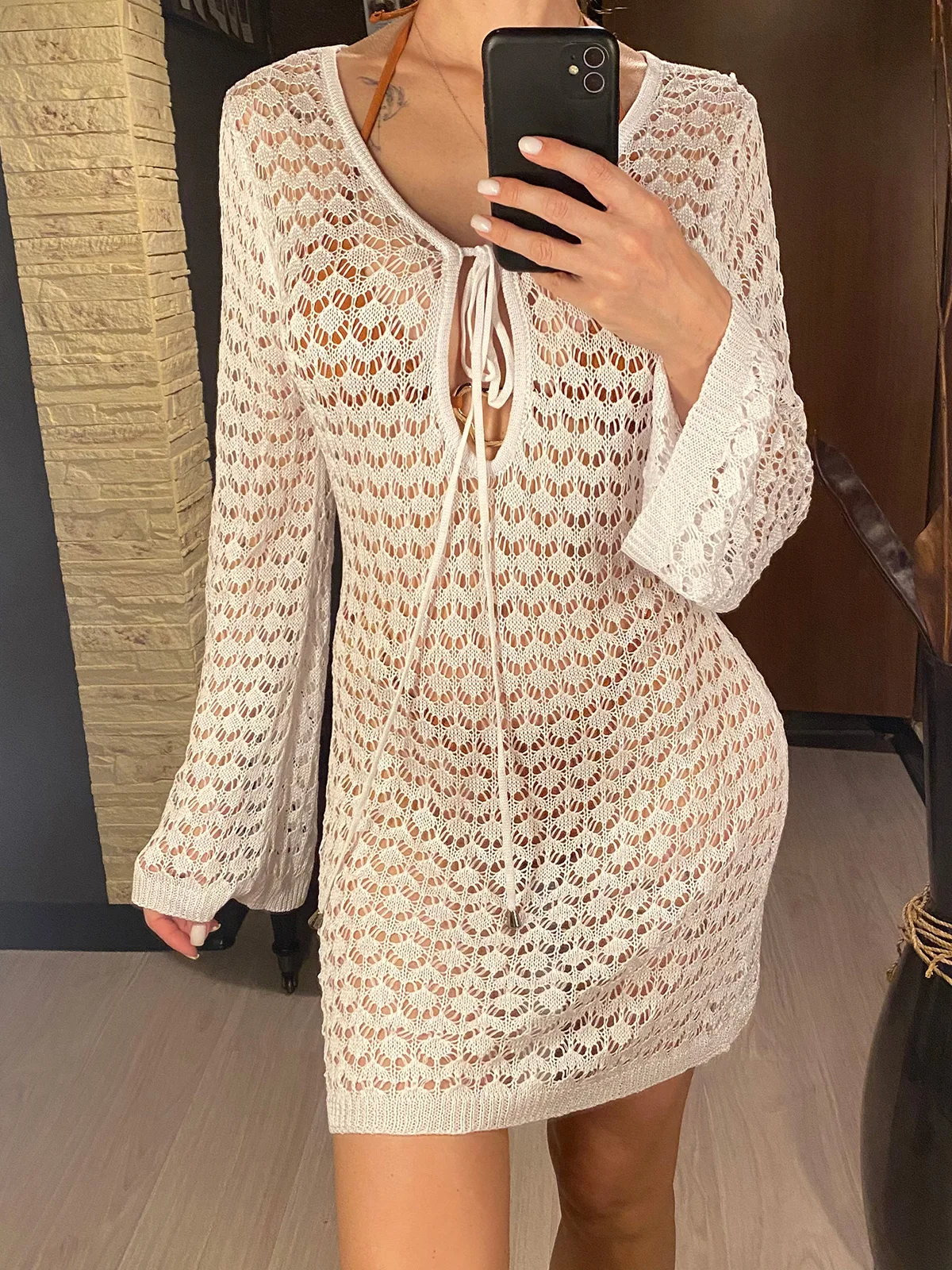 6 Colors Long Sleeve Cut Out Crochet Knitted Tunic Beach Cover Up Cover-ups Beach Dress Wear Beachwear Female Women V6507 swimsuit cover up swimsuit coverup beach suit fishnet cover up beach dress set beach evening dress