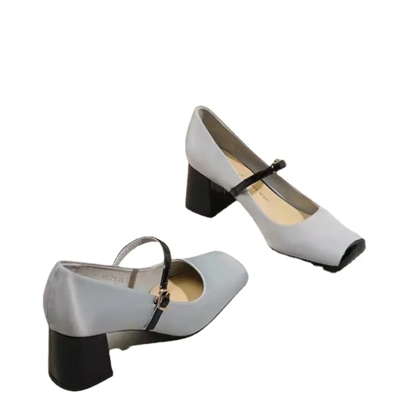 Women Spring Luxury Mary Jane Shoes Autumn Fashion Square Toe Shallow Ladies Elegant Dress Single Leather Shoes Square Heel Pump 6