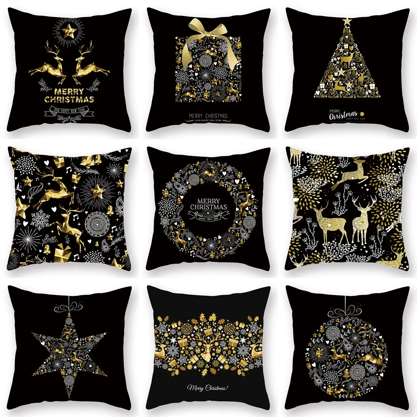 

Christmas Series Black Background Gold Elk Print Square Sofo Pillowslip Polyester Cushion Cover Peach Skin Pillowcase Home Decor
