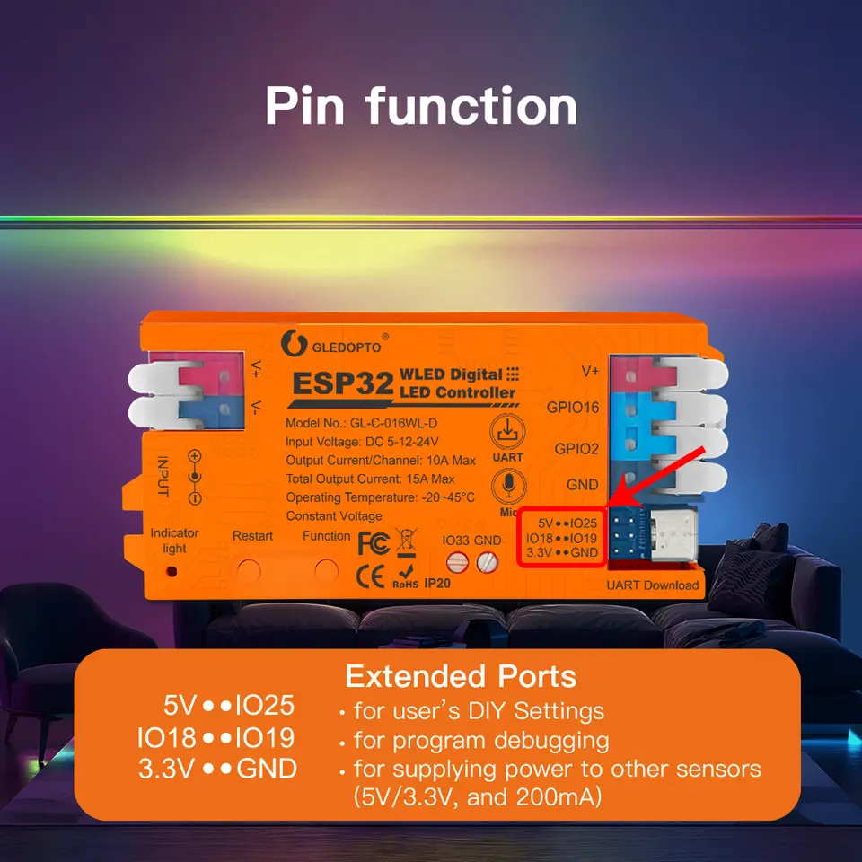 ESP32 WLED LED Strip Controller with MIC Type-C UART DC5-24V 15A 800 LEDs SM16703 PSK6812 WS2811 WS2812B FL19038 Compatible image 3
