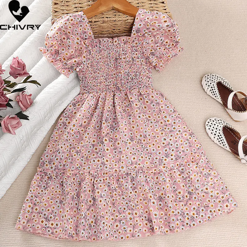 

Summer Chiffon Dress New 2023 Girls Fashion Floral Print Short Sleeve Wrinkle A-line Princess Dresses Kids Beach Dress Vestidos