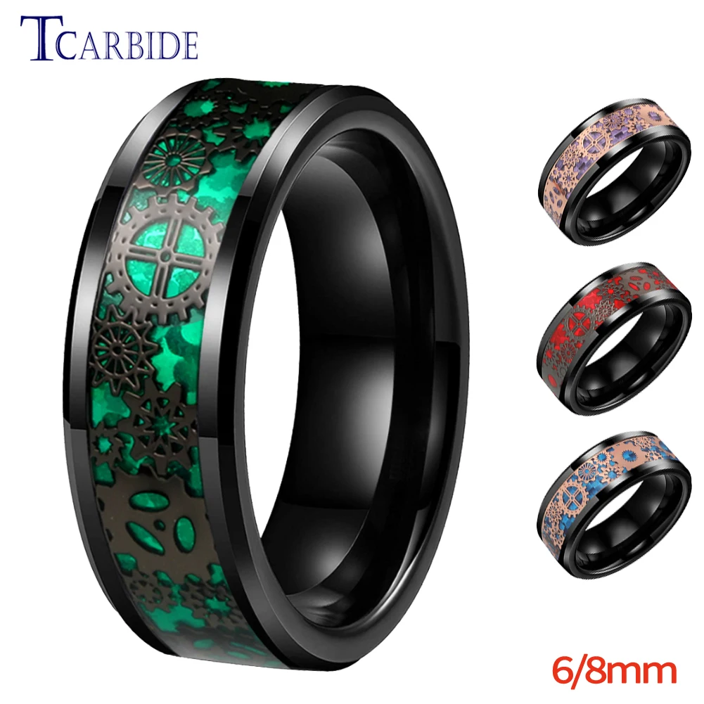 Men Women Green Gear Ring Black Tungsten Wedding Band With Steel