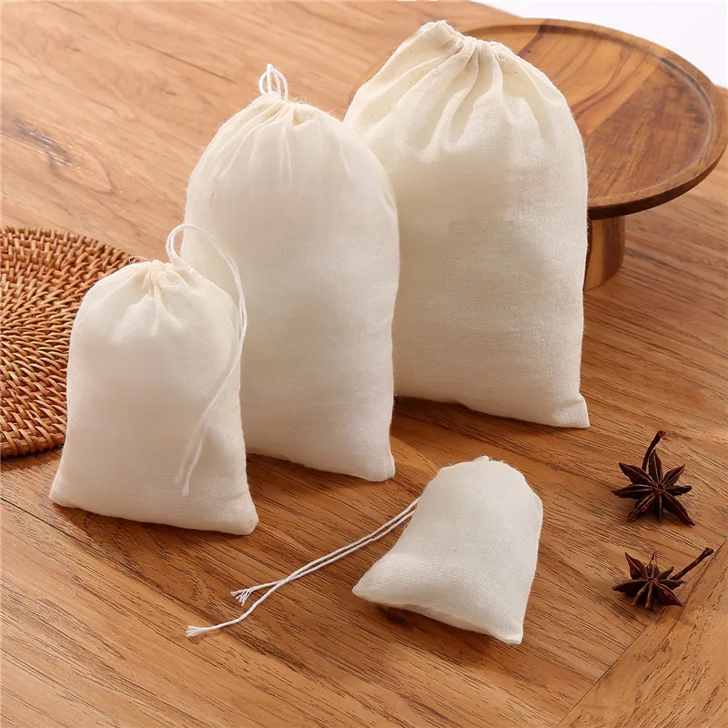 50pcs/lot 6x8, 8x10, 10x15, 13x18, 18x20cm Cotton Gauze Bags Spice Strainer Mesh Filter Herbal Cooking Tools Soup Tea Bag