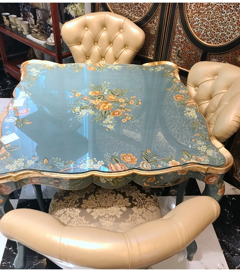 European French luxury aesthetic gold foil used light blue hand-painted  chess and card tables and chairs afternoon tea table - AliExpress