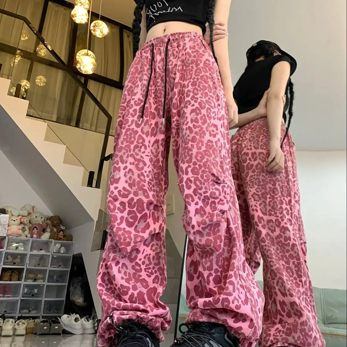 Jeans Leopard Print Pink Lace Up Women'S Oversized Denim Streetwear Wide Leg Pants Slimming Casual Retro High Street Trousers