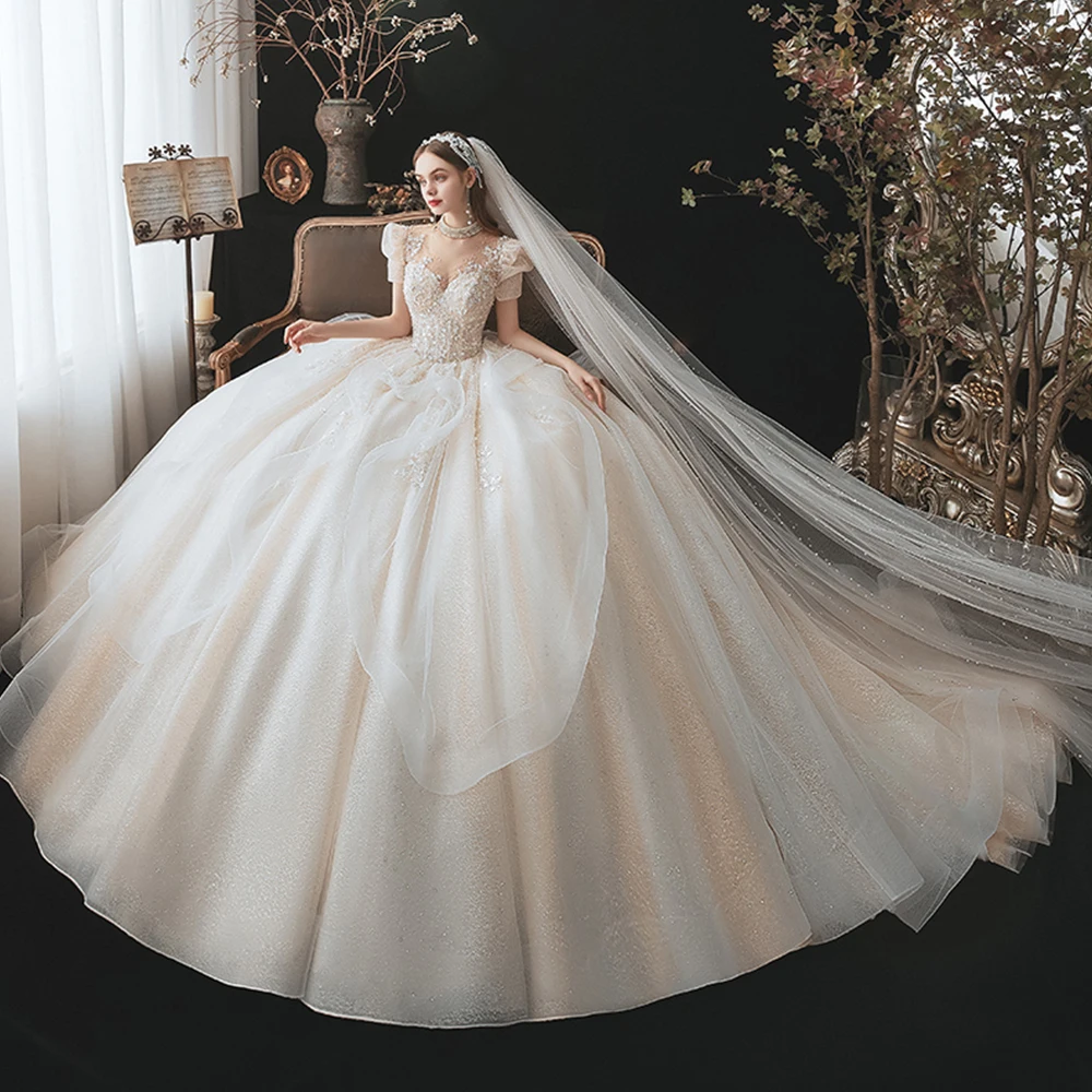 Luxury Beading Wedding Dresses Gorgeous Appliques Chapel Train Ball Gown High Neck Puff Sleeve Vintage Wedding Bride Gowns